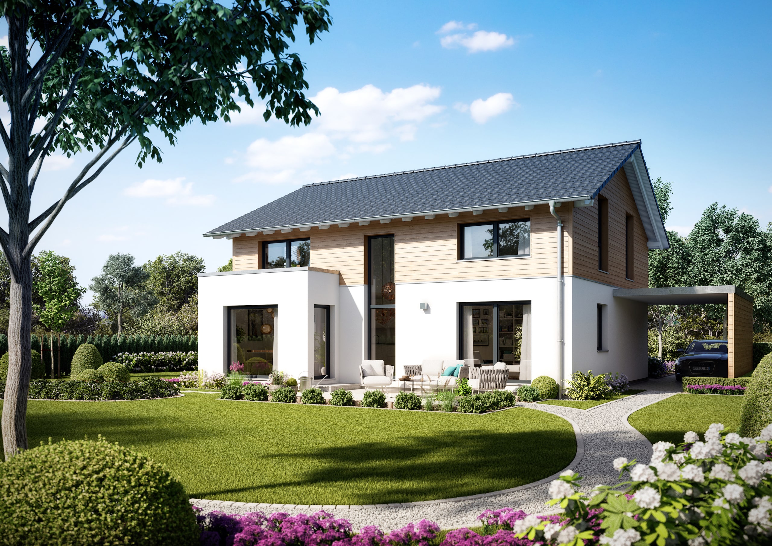 Modernes Partner-Haus Fertighaus mit Holzfassade und Garten – energieeffizientes Einfamilienhaus im Grünen